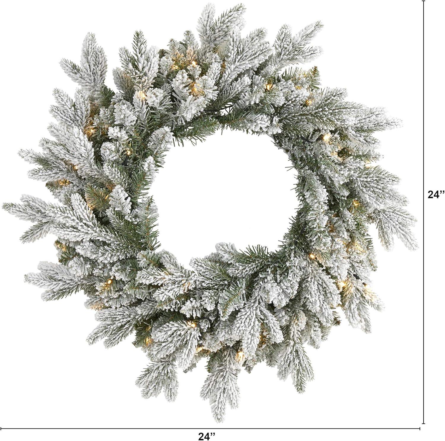 Festive Evergreen 24" Artificial Snow Flocked Outdoor Christmas Wreath with LED Lights