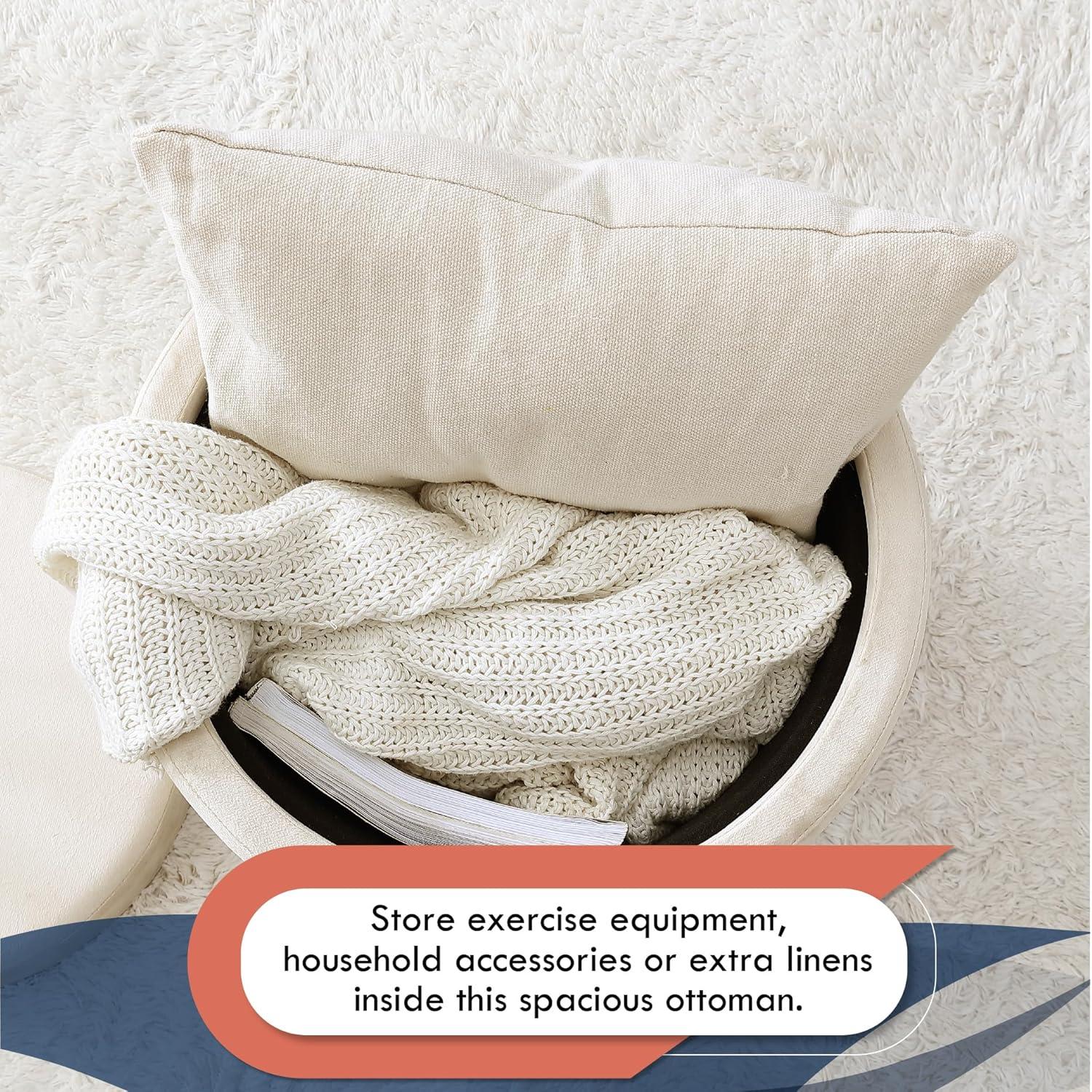 Ornavo Home Lawrence Round Storage Ottoman with Table Top Lid - Velvet Cream