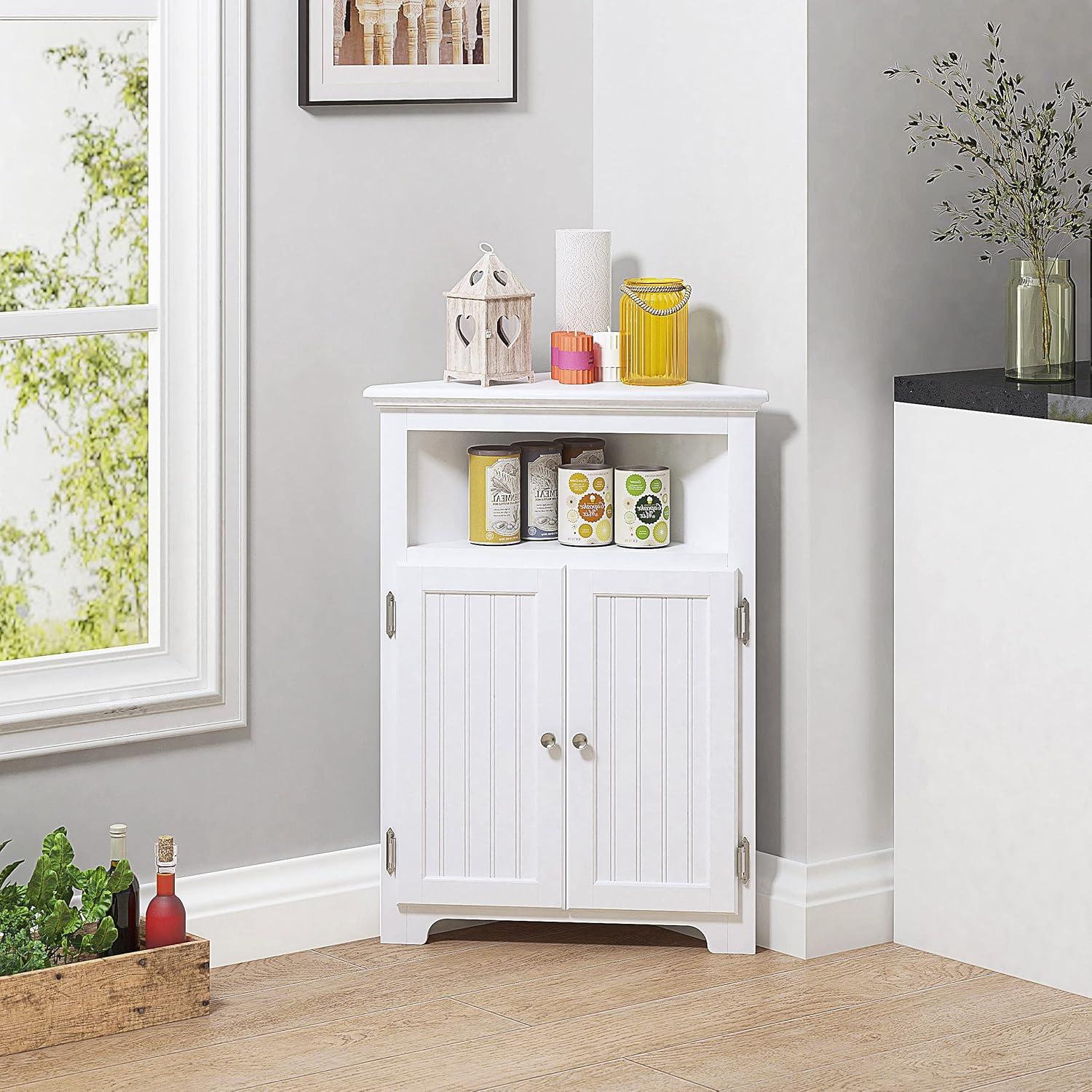 UTEX Bathroom Corner Storage Cabinet, Small Floor Corner Cabinet with Doors and Adjustable Shelves, Freestanding Narrow Cabinet Organizer for Bathroom, Kitchen, Living Room, White