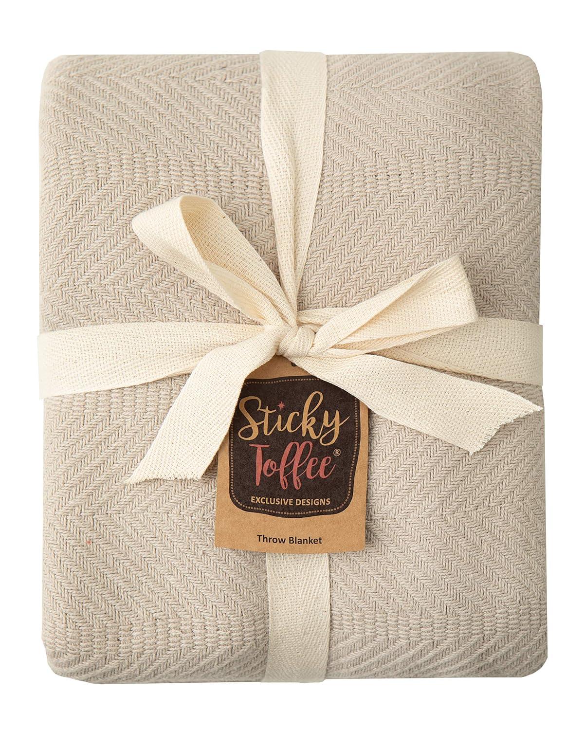Sticky Toffee Lightweight 100% Cotton Throw Blanket, 50x60 in, Warm, Soft, Herringbone Weave, Boho Farmhouse Style