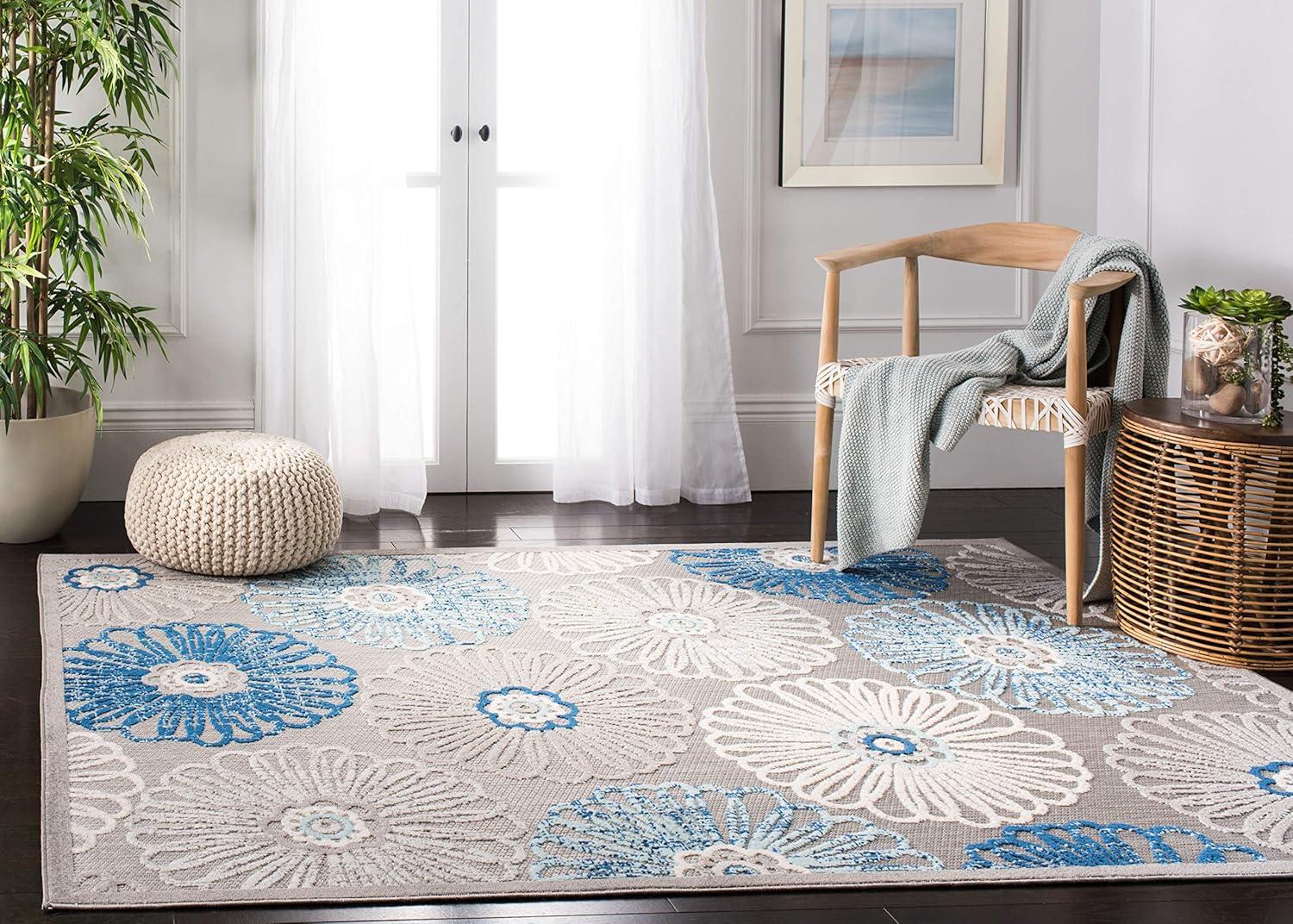 Blue Floral Synthetic Rectangular 4' x 6' Non-slip Area Rug