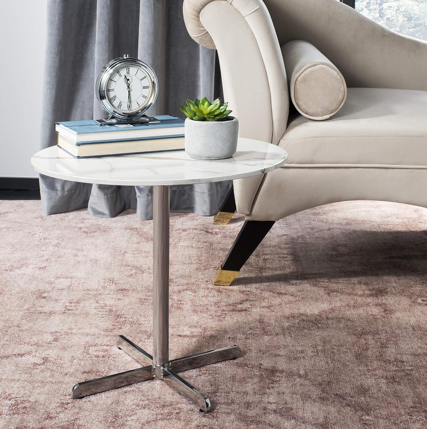 SAFAVIEH Winnie Round Modern Glam Side Table, White Marble/Chrome