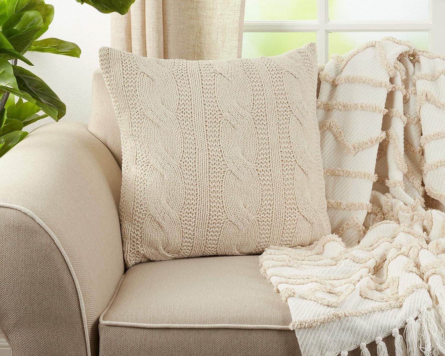 Vanilla Cable Knit Cotton Square Throw Pillow Set