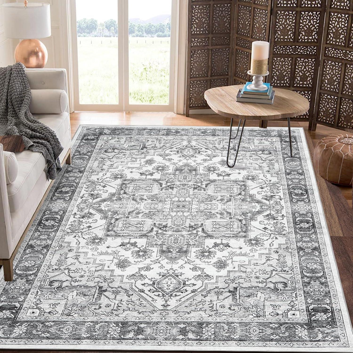 Tzou Washable Area Rug 9x12 for Living Room Retro Boho Chic Medallion Distressed Design Indoor Non-Slip Carpet for Bedroom Office(Grey)