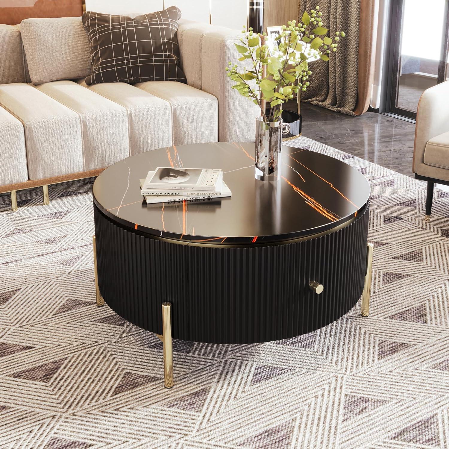 Black Round Coffee Table with Gold Legs and Storage Drawers