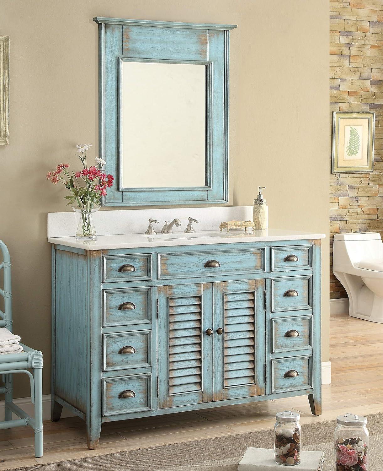 46 Inch Abbeville Distressed Blue Finish Cottage Plantation Style Bathroom Vanity with White Marble Stone Top, 4 Functional Drawers, Undermount Sink, Hardware Included