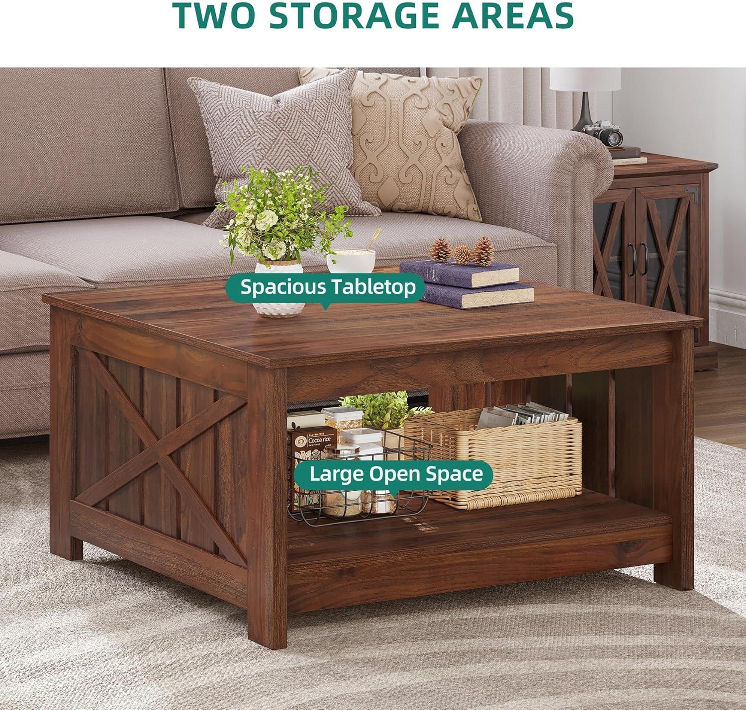 Square Rustic Wood Coffee Table with Storage