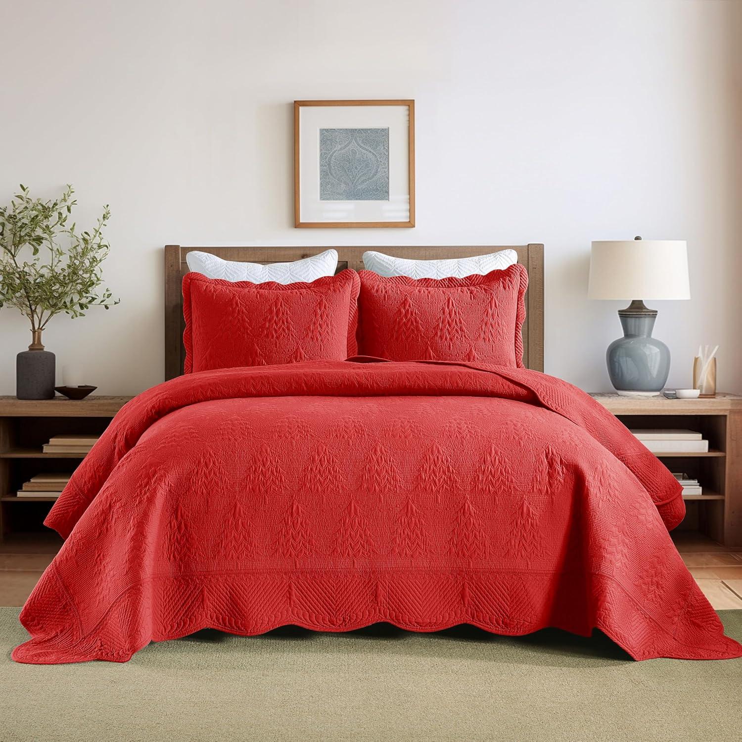 3 Pcs Festive Christmas Quilt Bedspread Set Holiday Bedding Medallion Red