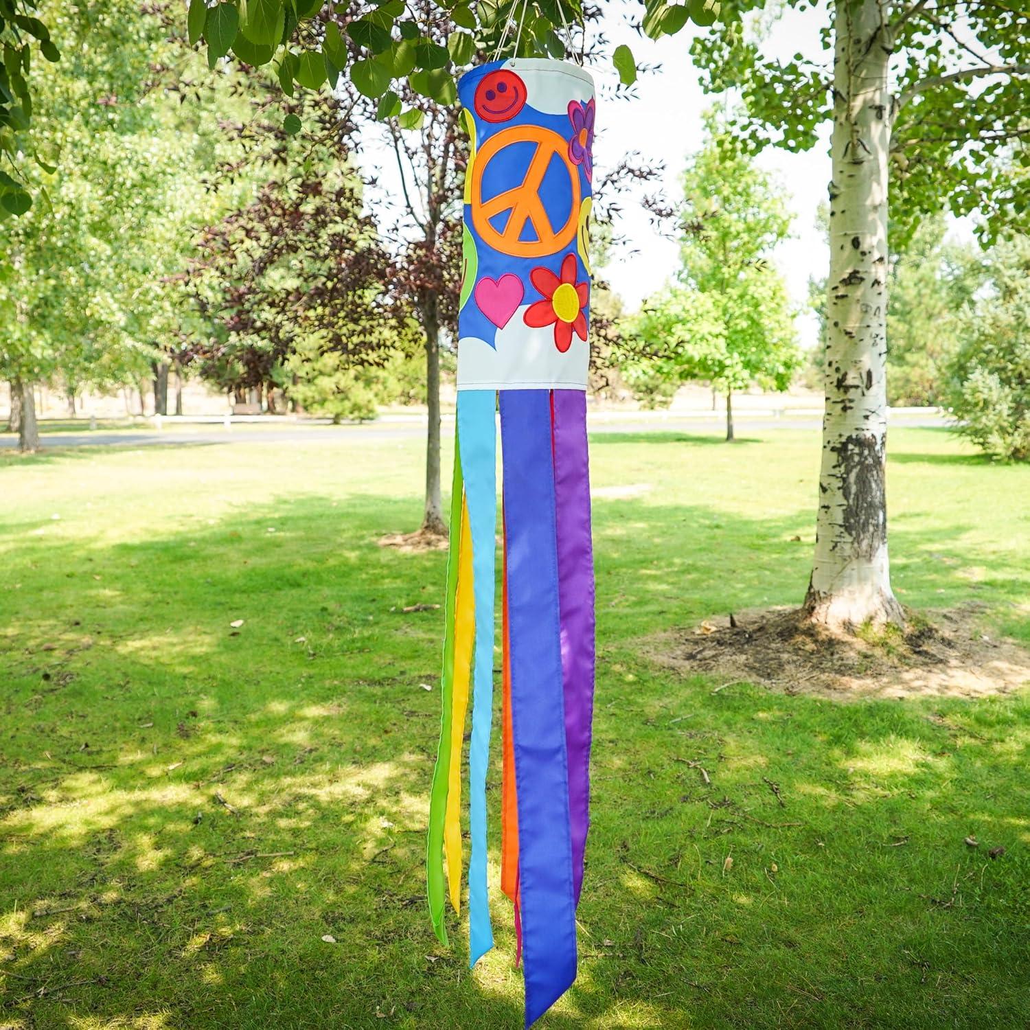 In the Breeze 5214 — Peace, Love & Happiness 40-inch Windsock — Fun, Novelty '60s Inspired Hanging Garden Décor