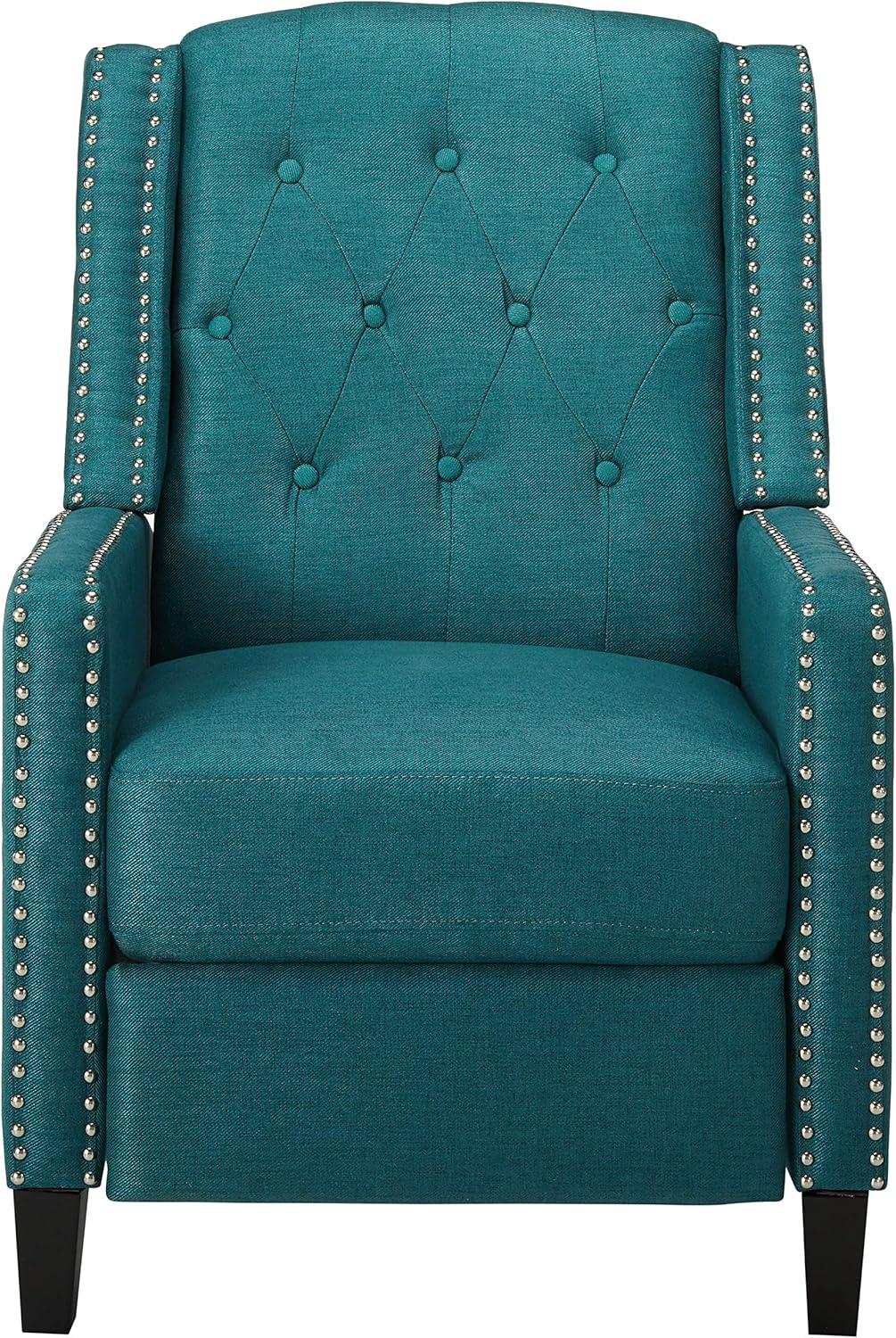 Teal Tufted Back Fabric Recliner with Dark Brown Legs