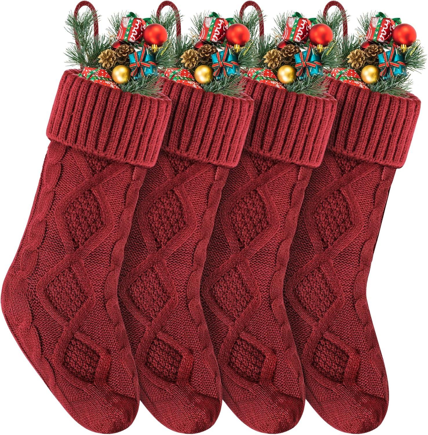 Christmas Stockings, 4 Pack Personalized Christmas Stocking 18 IN Large Cable Knitted Stocking Decorations for Family Holiday Xmas Party Decor, Red