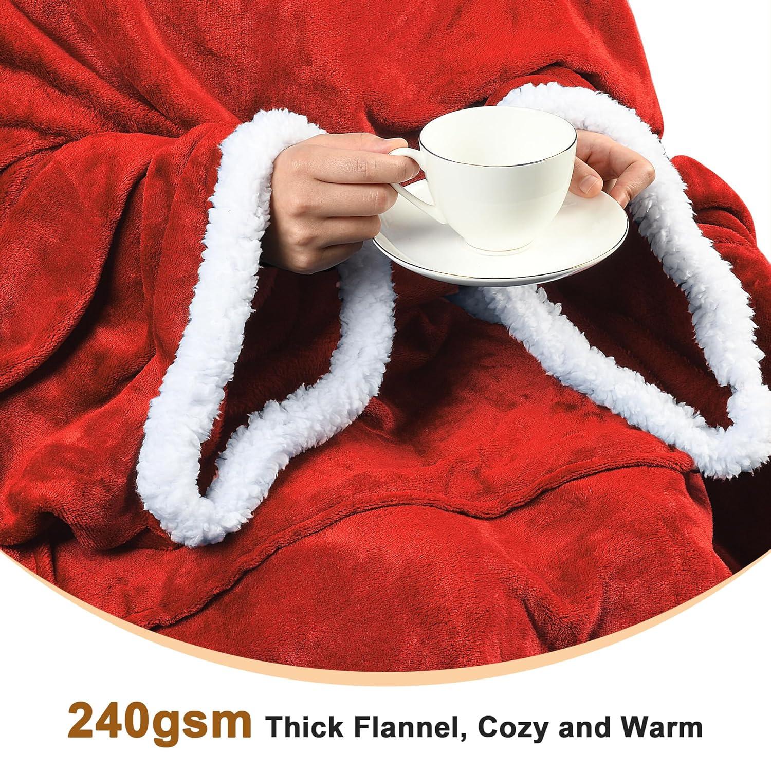 Tirrinia Hood Wearable Blanket for Adult Women and Men, Super Soft Comfy Warm Plush Throw with Sleeves TV Blanket Wrap Robe Hoodie Cover for Sofa, Couch 72" x 55"