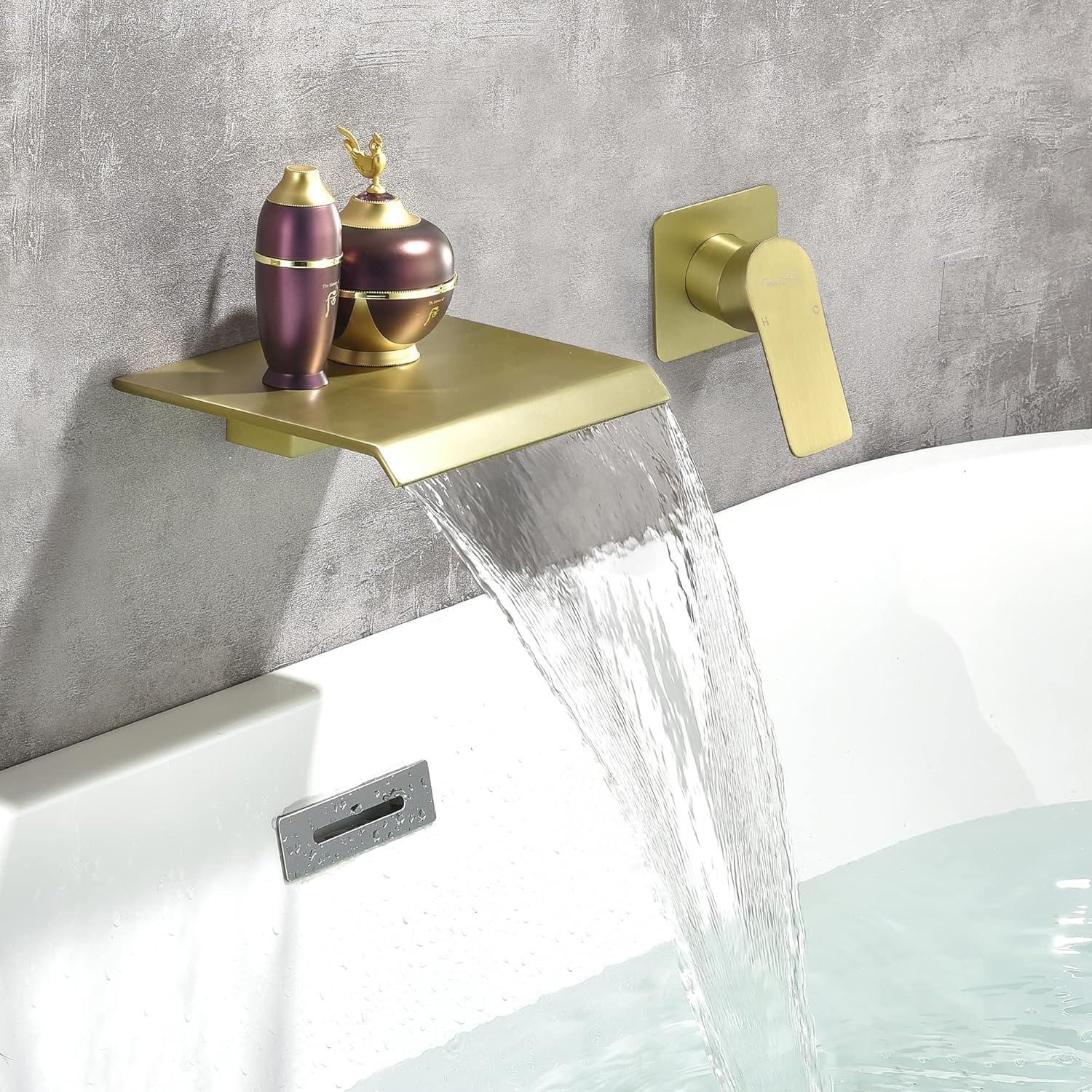 Brushed Gold Wall Mounted Waterfall Tub Faucet with Diverter