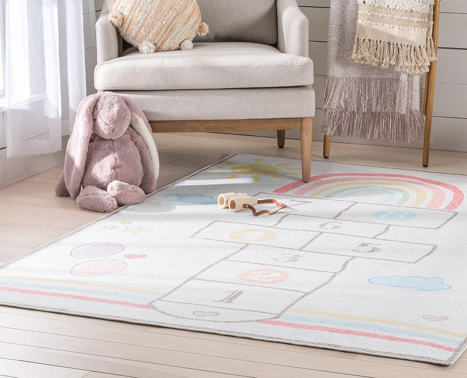 Well Woven Kids Rugs Hopscotch Rainbow Modern Multi Beige Area Rug