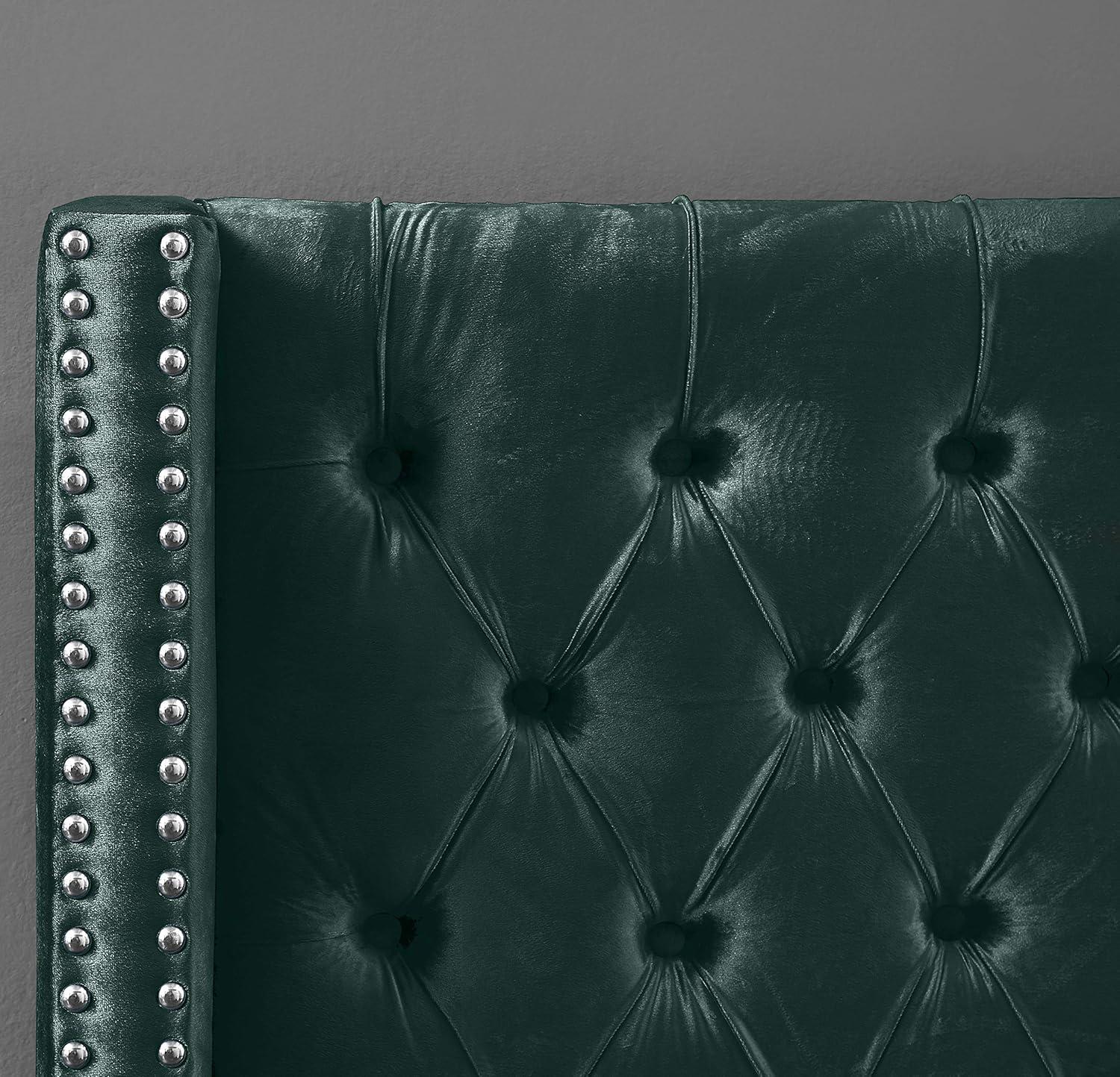 Homestock Gothic Grace Modern Contemporary Velvet Upholstered Bed with Deep Button Tufting, Solid Wood Frame, and Custom Chrome Legs-Color:Green,Size:King