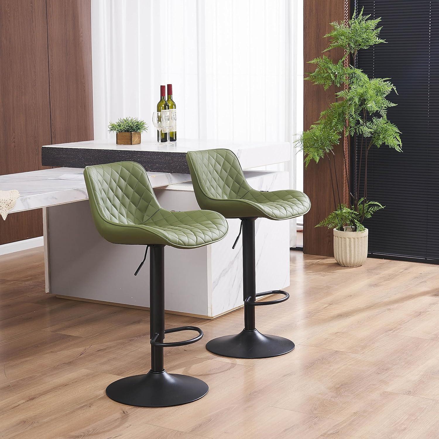 Olive Green Adjustable Faux Leather Swivel Bar Stools Set of 2