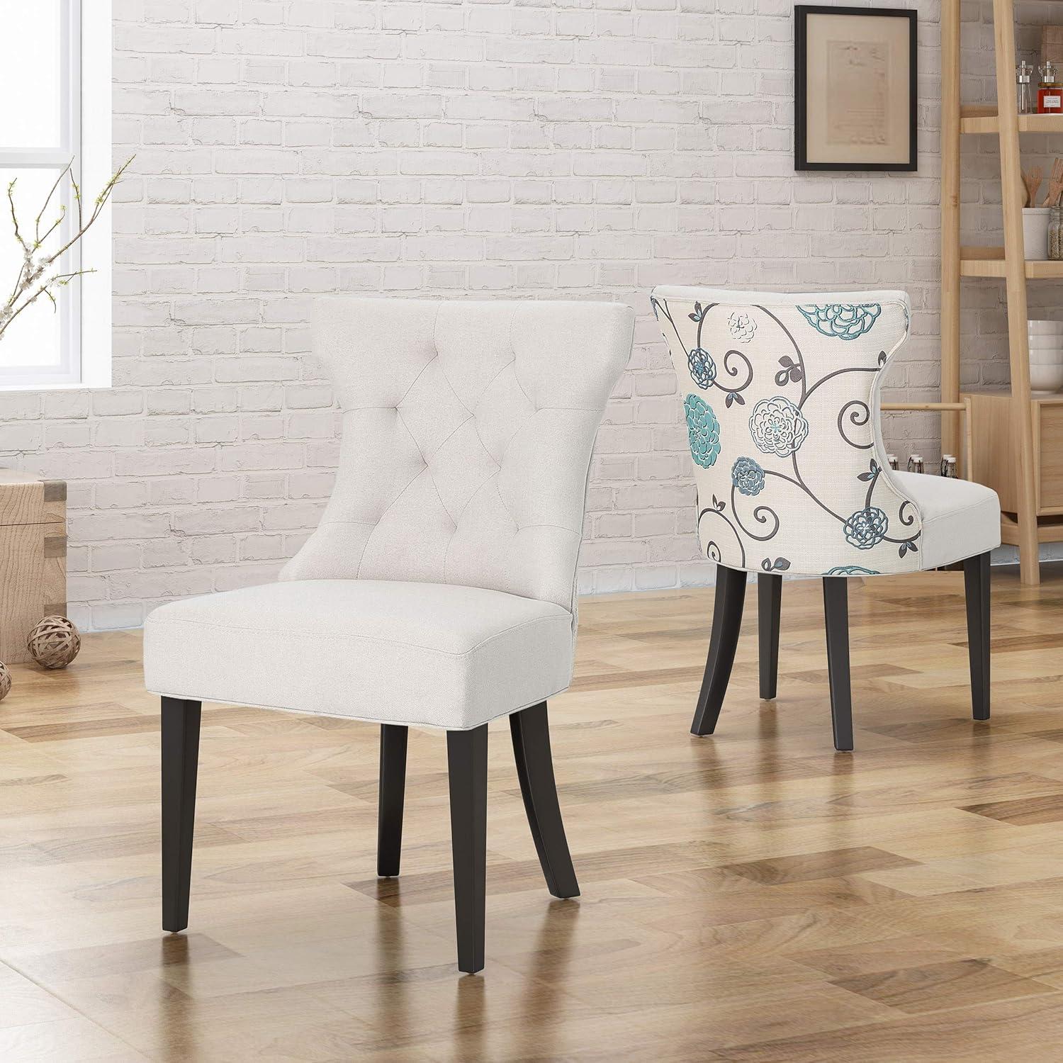 GDF Studio Elouera Contemporary Two Toned Fabric Dining Chairs, Set of 2, Ivory, Light Beige and Blue Floral, and Dark Brown