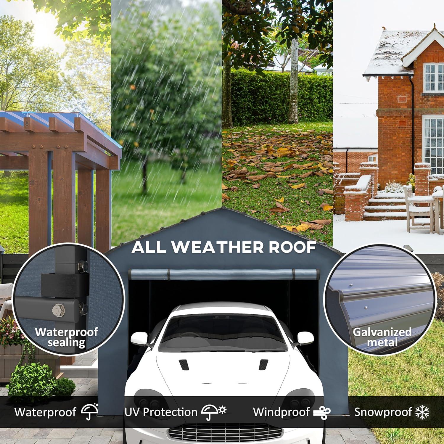 Outsunny 10' x 15' Heavy Duty Metal Carport, Waterproof Garage Car Canopy with Galvanized Metal Roof and Removable Sidewalls, Dark Gray