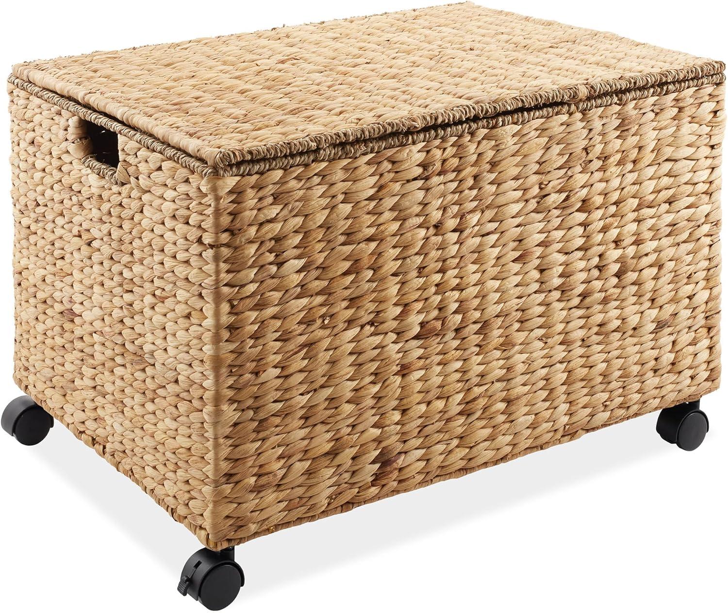 Casafield Rolling Storage Basket Cart with Lid and Wheels - Woven Water Hyacinth Divided Sorting Bin for Kitchen, Laundry, Pantry, Garage