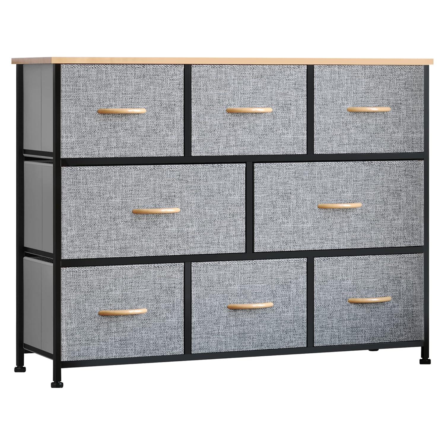 HomCom 8-Drawer Dresser, 3-Tier Fabric Chest of Drawers, Storage Tower Organizer Unit with Steel Frame Wooden Top for Bedroom, Hallway, Light Grey