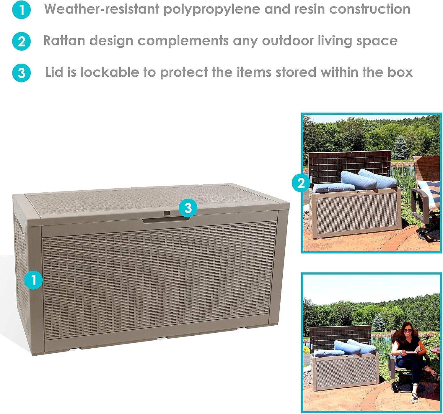 Sunnydaze Outdoor Deck and Patio Storage Box with Rattan Design - 100 Gal. - Driftwood