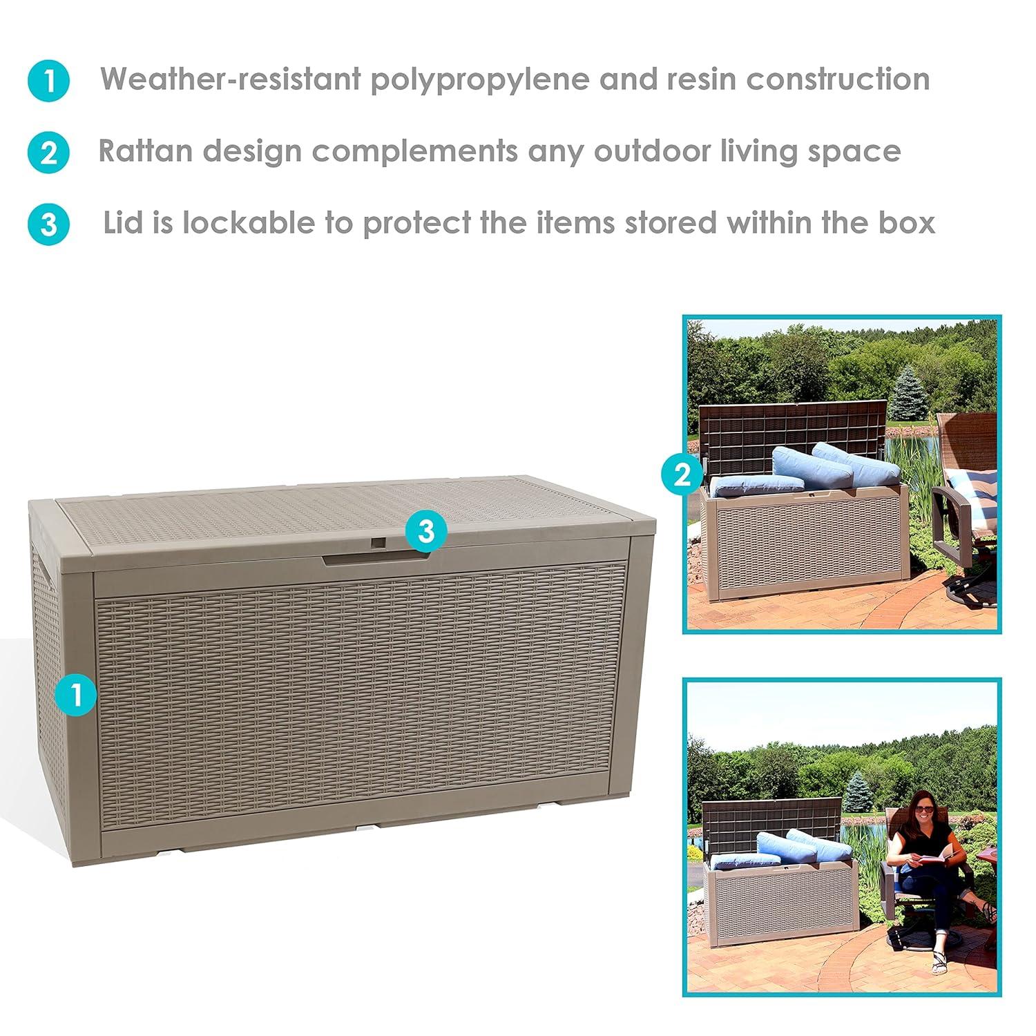 Sunnydaze Outdoor Deck and Patio Storage Box with Rattan Design - 100 Gal. - Driftwood