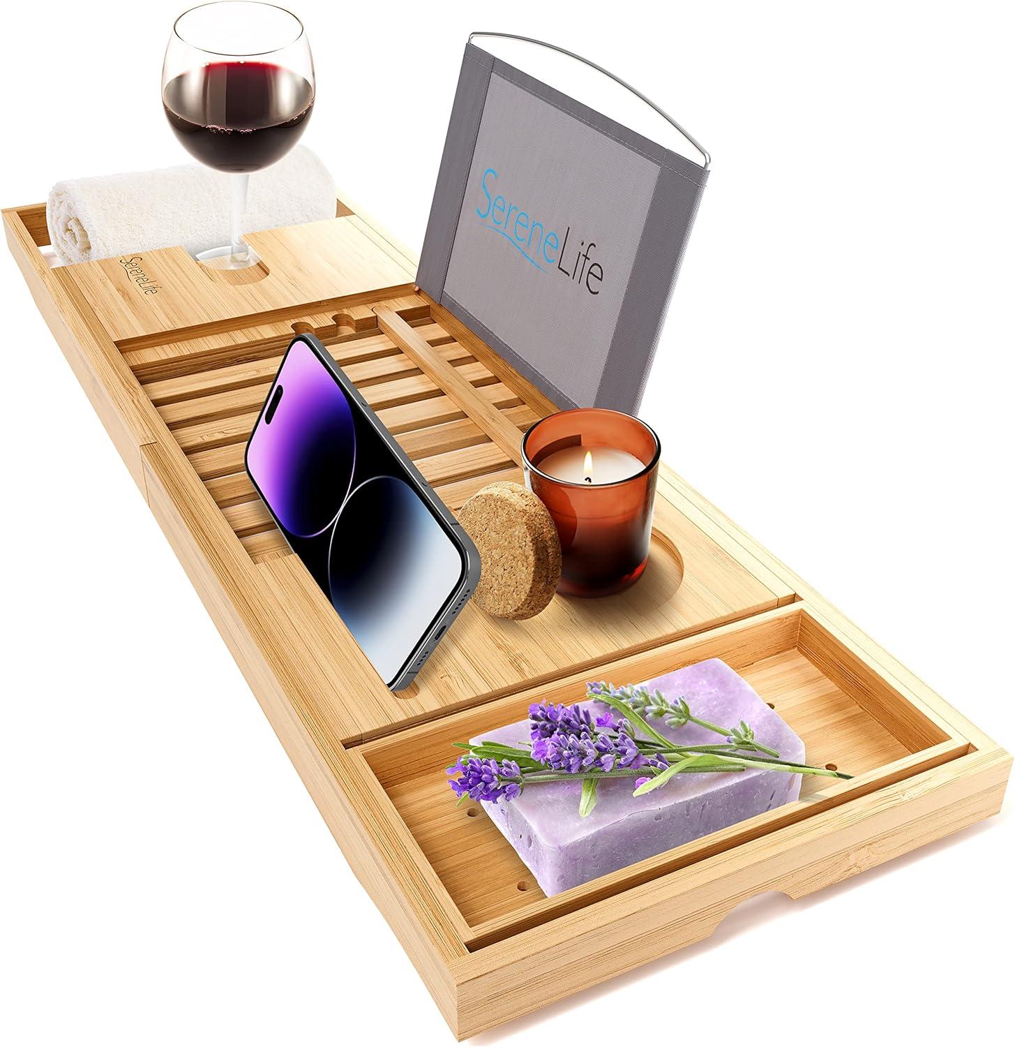 SereneLife Luxury Bamboo Bathtub Caddy - Adjustable Natural Wood with Glass Holder