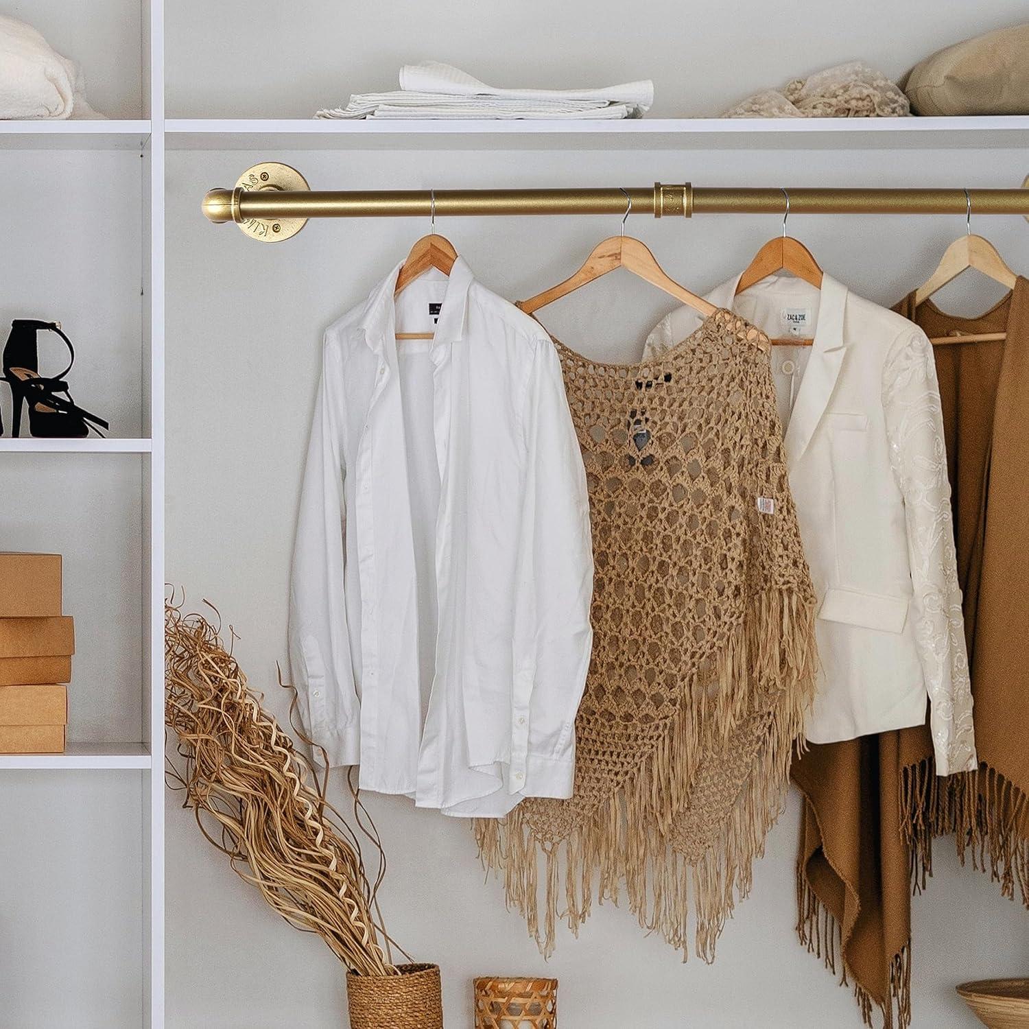 AddGrace 2 Pack Industrial Pipe Clothes Rack Gold Wall Mounted Clothing Rack for Hanging Clothes 34.5 Inch Multi-Purpose Garment Bar for Wardrobe and Laundry Room