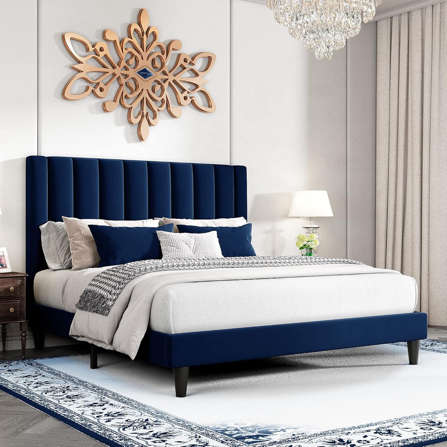 BizChair Queen Upholstered Platform Bed with Vertical Stitched Wingback Headboard, Slatted Mattress Foundation, No Box Spring Needed, Navy Velvet