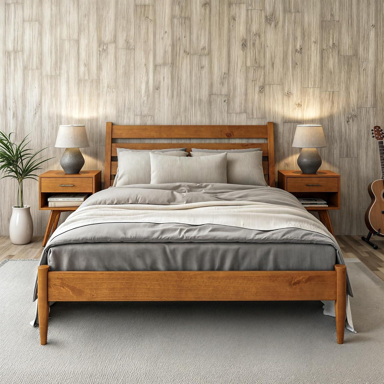 Camaflexi Mid Century Platform Bed Queen Size Solid Wood Bed Frame, Castanho 100% Solid Wood
