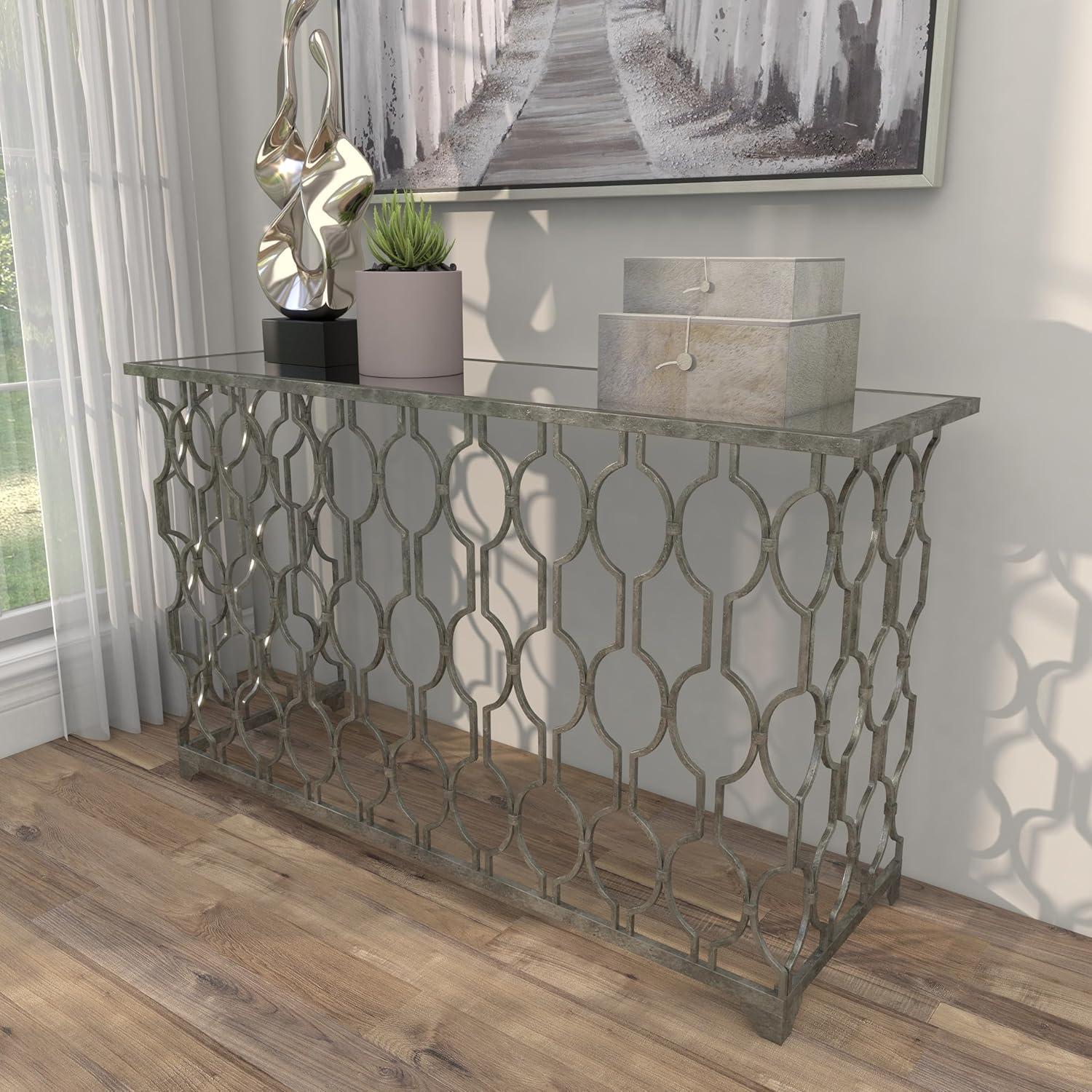 DecMode Contemporary Rectangular Metal with Mirror Top Console Table, 55"W x 32"H Features Silver Circular Trellis Pattern