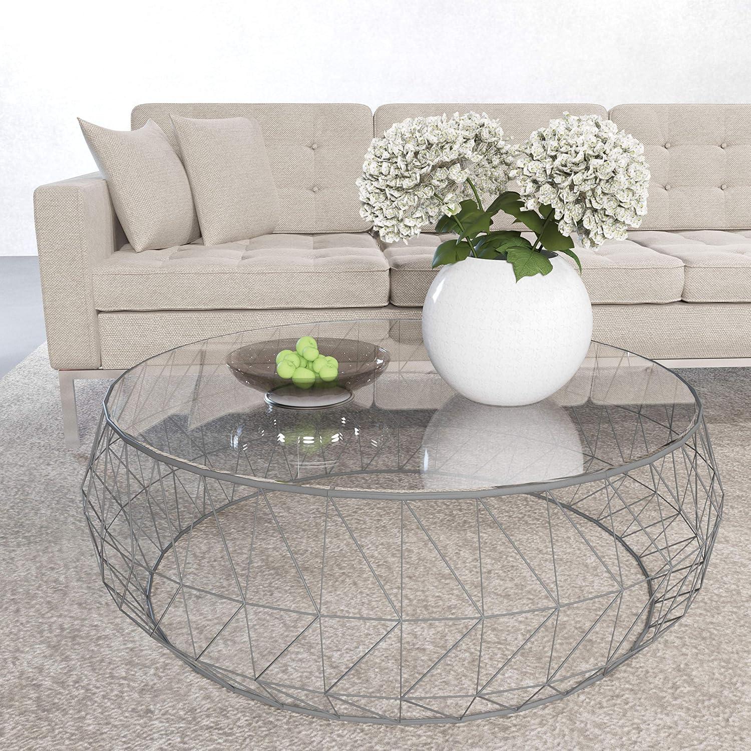 LeisureMod Malibu Modern Round Glass Top Coffee Table With Metal Base