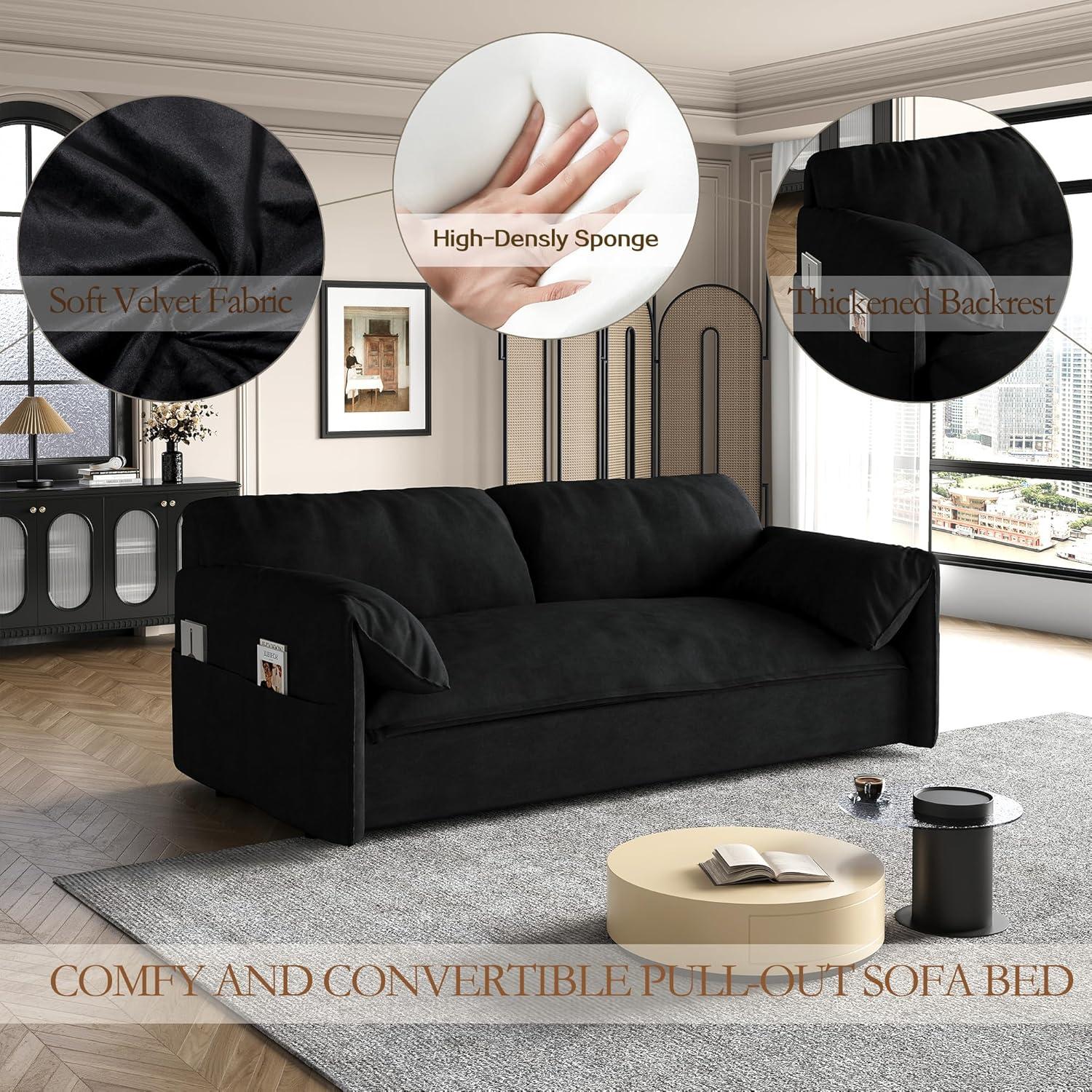 Tabaray 63.8" Futon Sofa Bed Queen Size, Pull Out Bed, 3-in-1 Convertible Sleeper Sofa with Side Pocket, Modern Plush Velvet Futon Couch for Living Room, Small Space, Apartment, Bedroom, Black