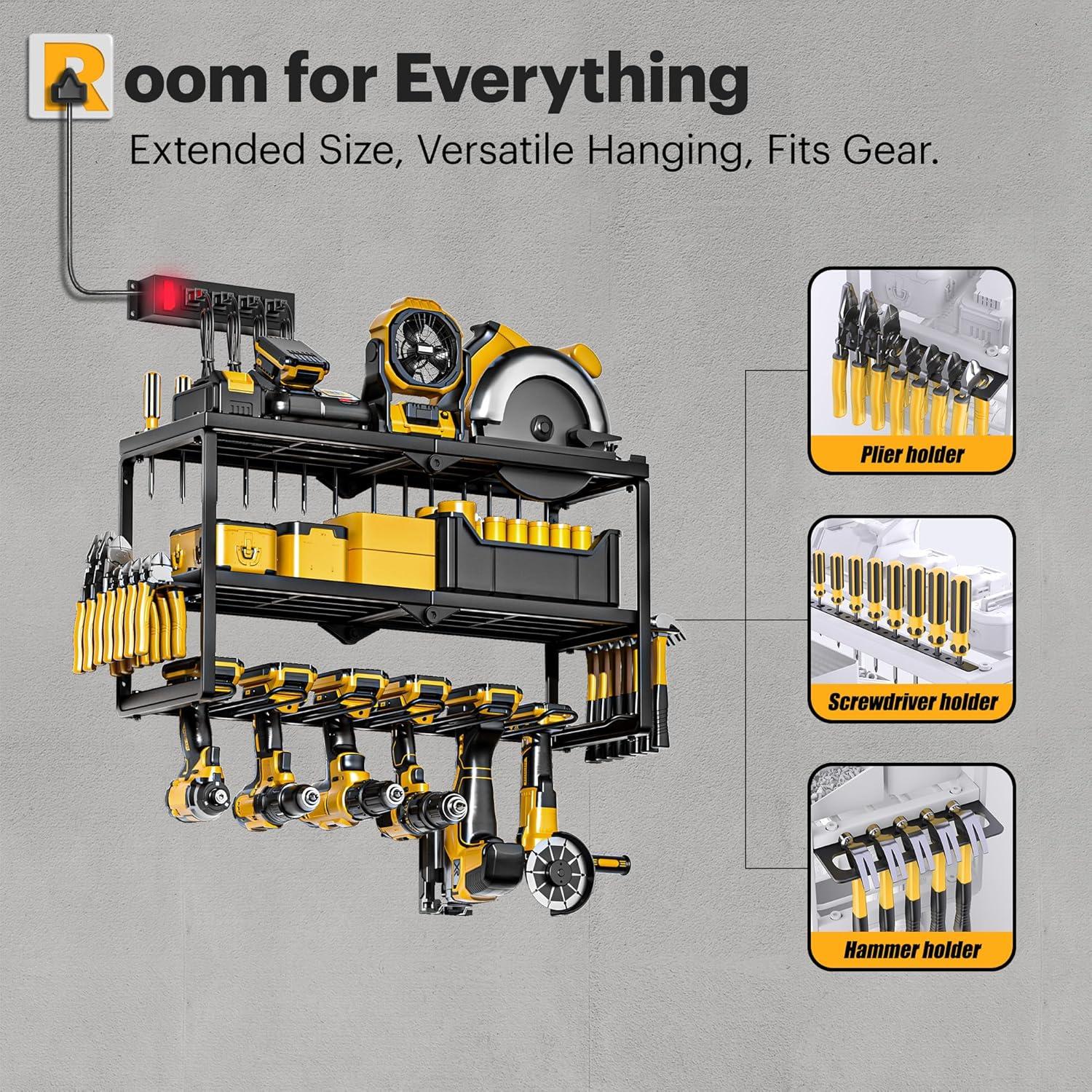 Power Tool Organizer Wall Mount with Charging Station, Garage Tool Shelf 6 Drill Holders, Tool Battery Holder with Screwdriver Heavy Duty Rack, Tool Storage Rack with 4 Outlet Power Strip
