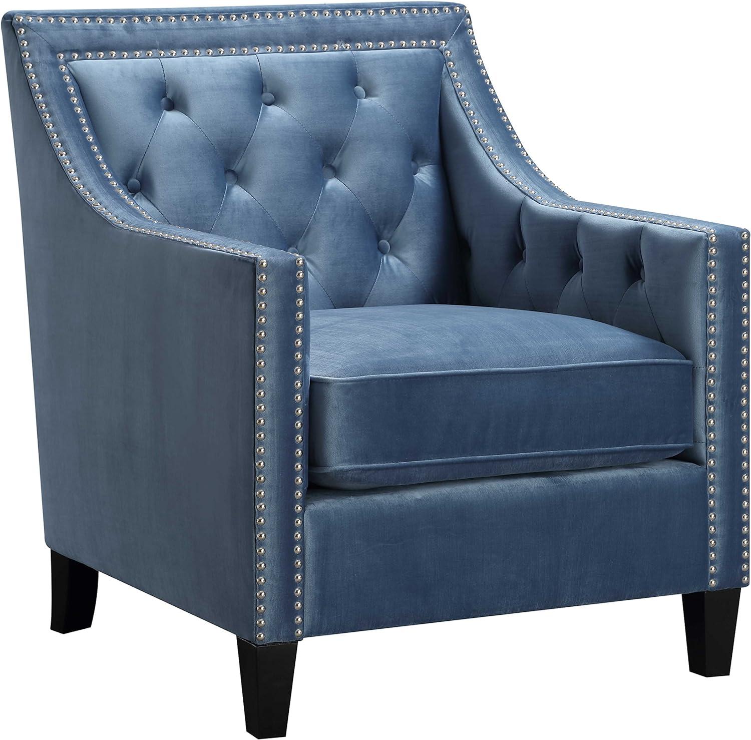 Marine Blue Velvet Square-Arm Accent Chair with Silver Nailhead Trim