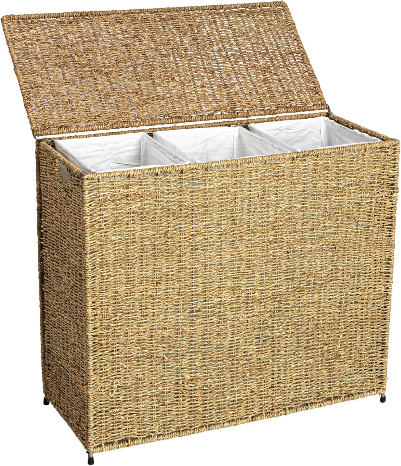 3 Compartment Laundry Sorter, Wicker Laundry Sorter, Gray