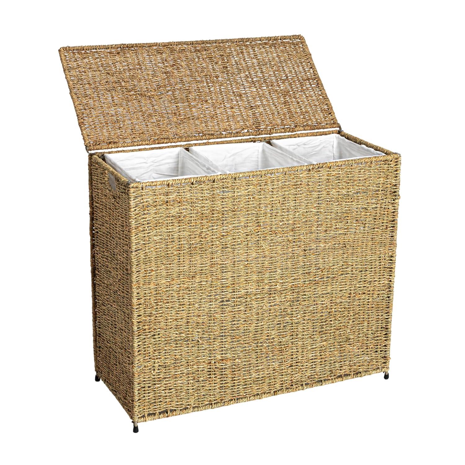 3 Compartment Laundry Sorter, Wicker Laundry Sorter, Gray