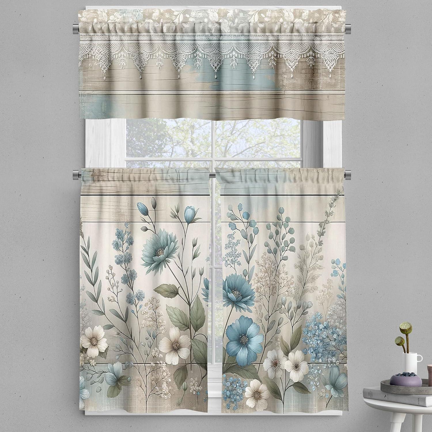 Floral Print Gray and Blue Polyester Kitchen Curtain Set