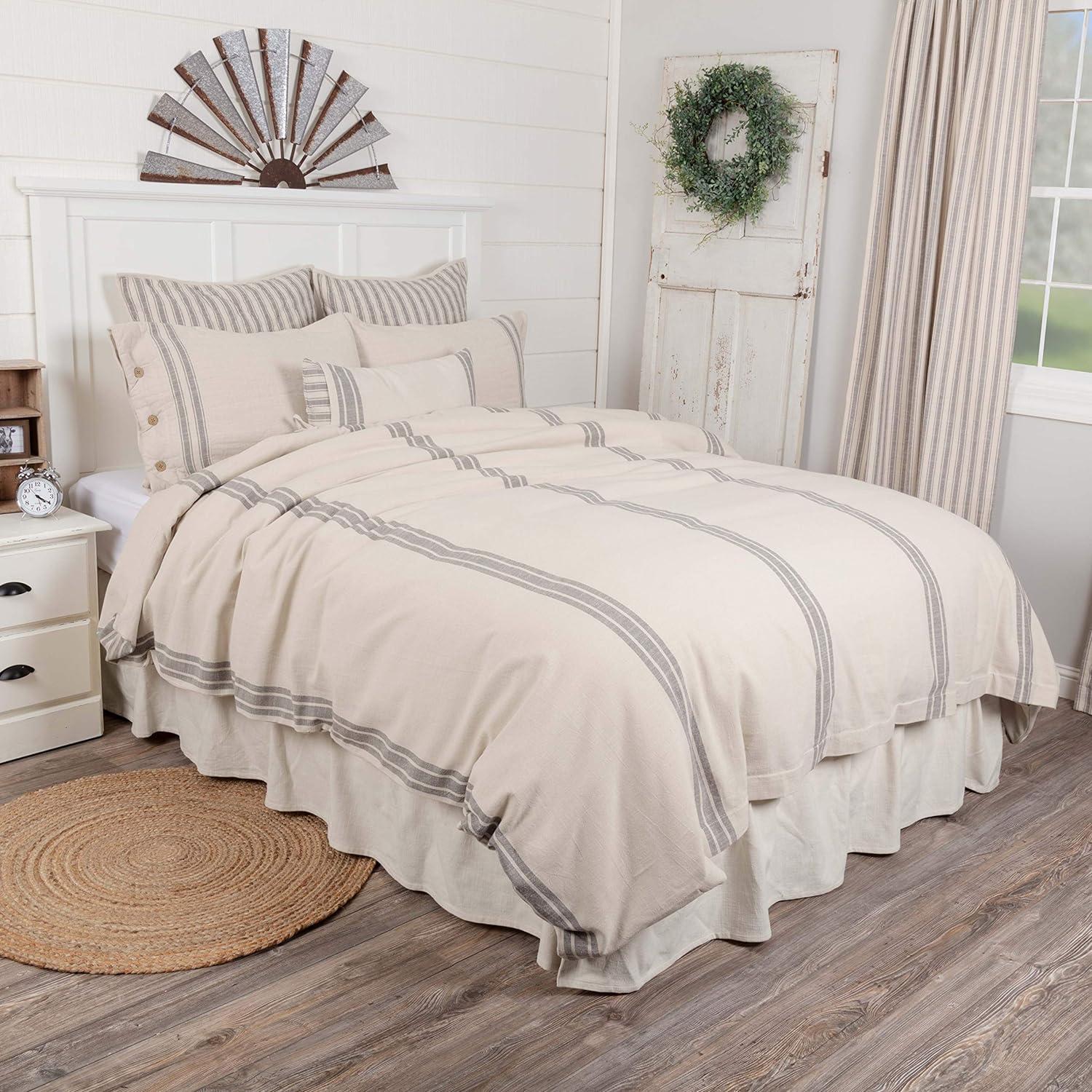 King Size Cream and Gray Cotton Stripe Duvet Cover