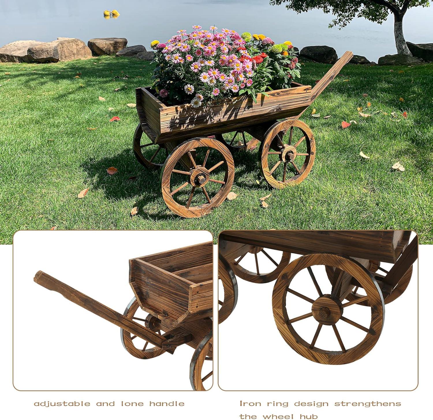 Rustic Cedar Wood Wagon Planter with Wheels for Outdoor Use