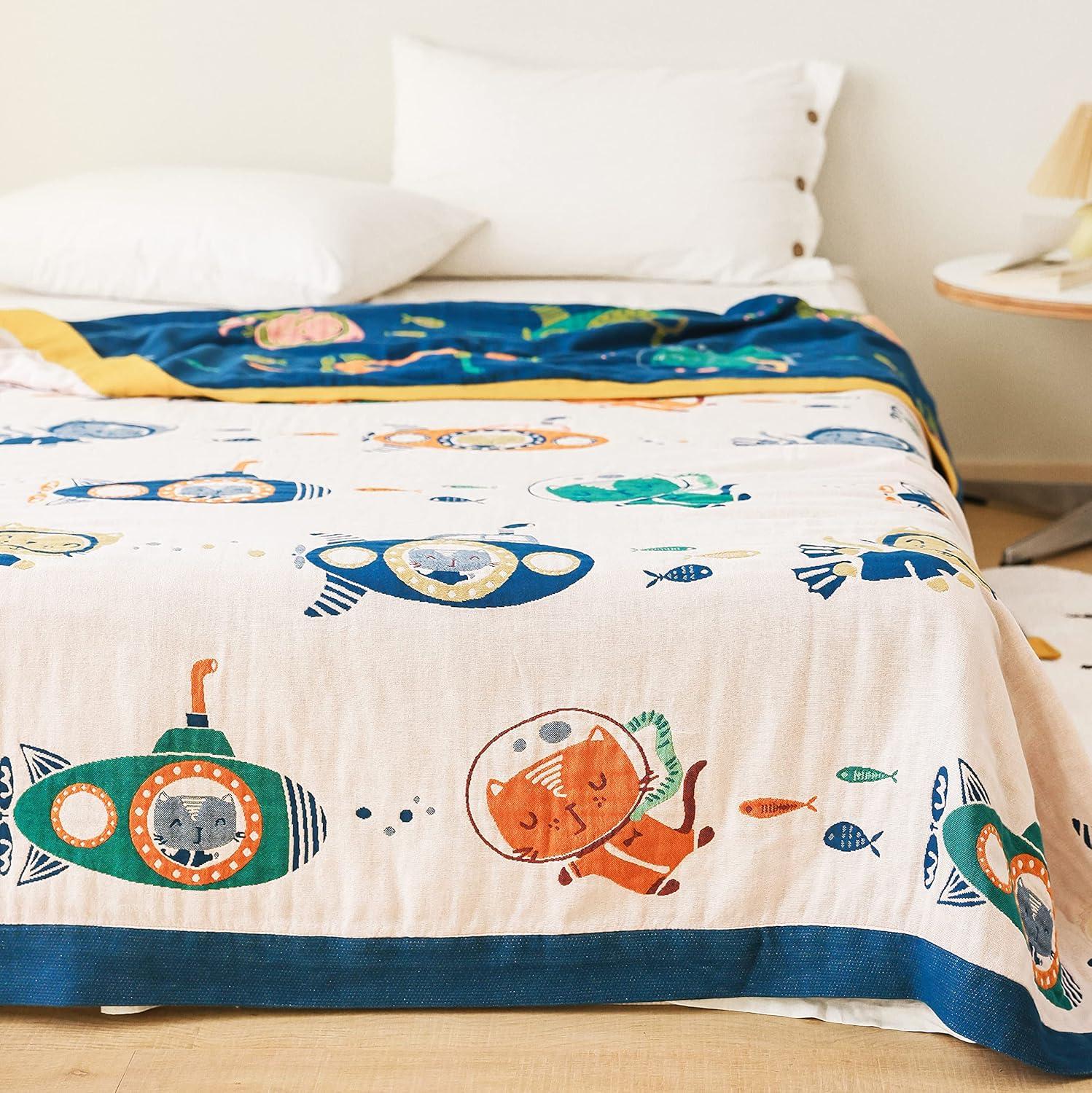 Scientific Sleep Underwater Scuba Cat Kitty Diver Submarine Fish Sea 100% Cotton Muslin Blanket Throw Cover for Bed Couch Sofa Cozy Soft Reversible Bedding Bedspread Coverlet Twin 60 in x 80 in