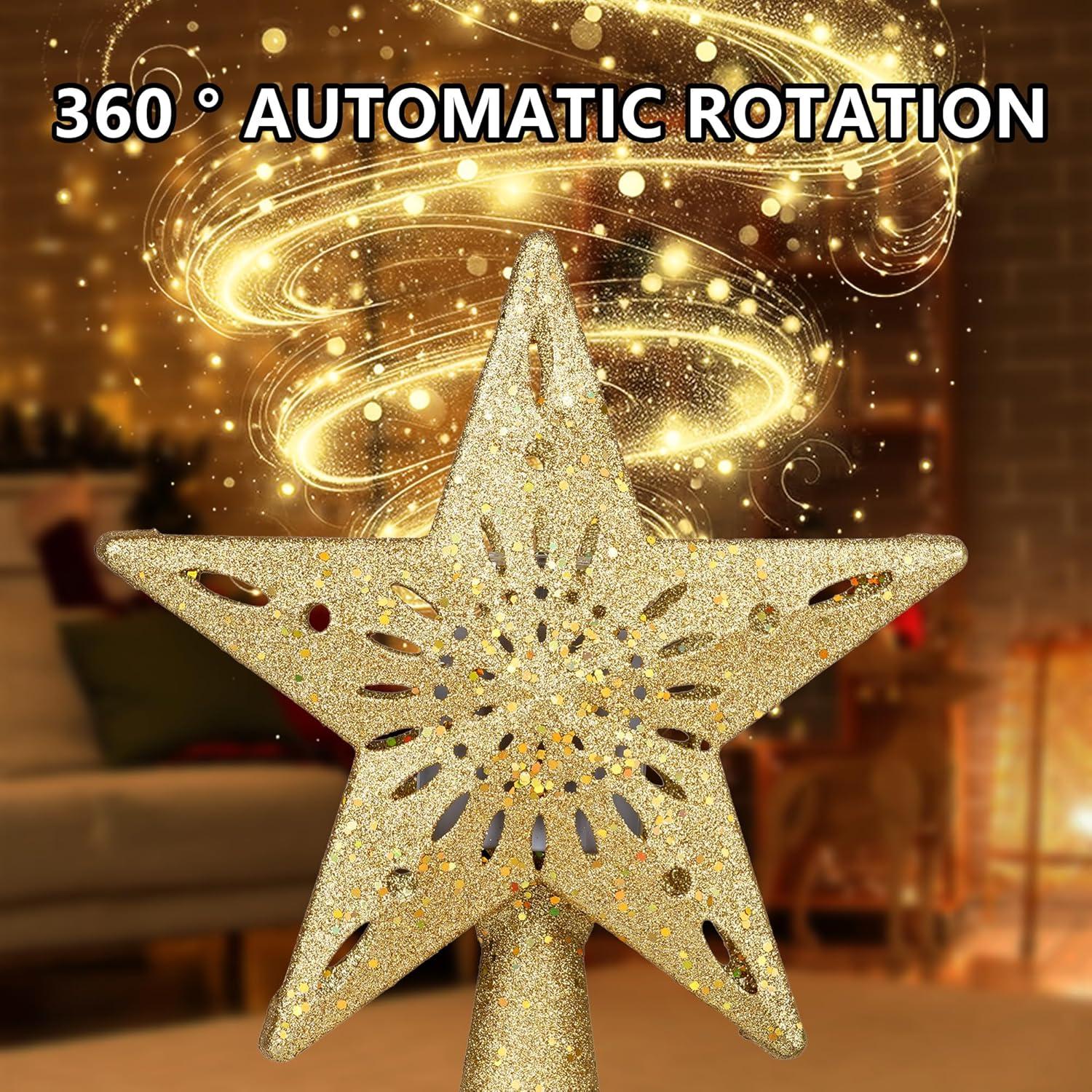 HOUFIY Christmas Tree Topper Lighted with 6 Projection Modes Star Tree Topper Built-in LED Rotating 3D Lighted Glitter Star Decorations Projector Tree Topper for Christmas Tree