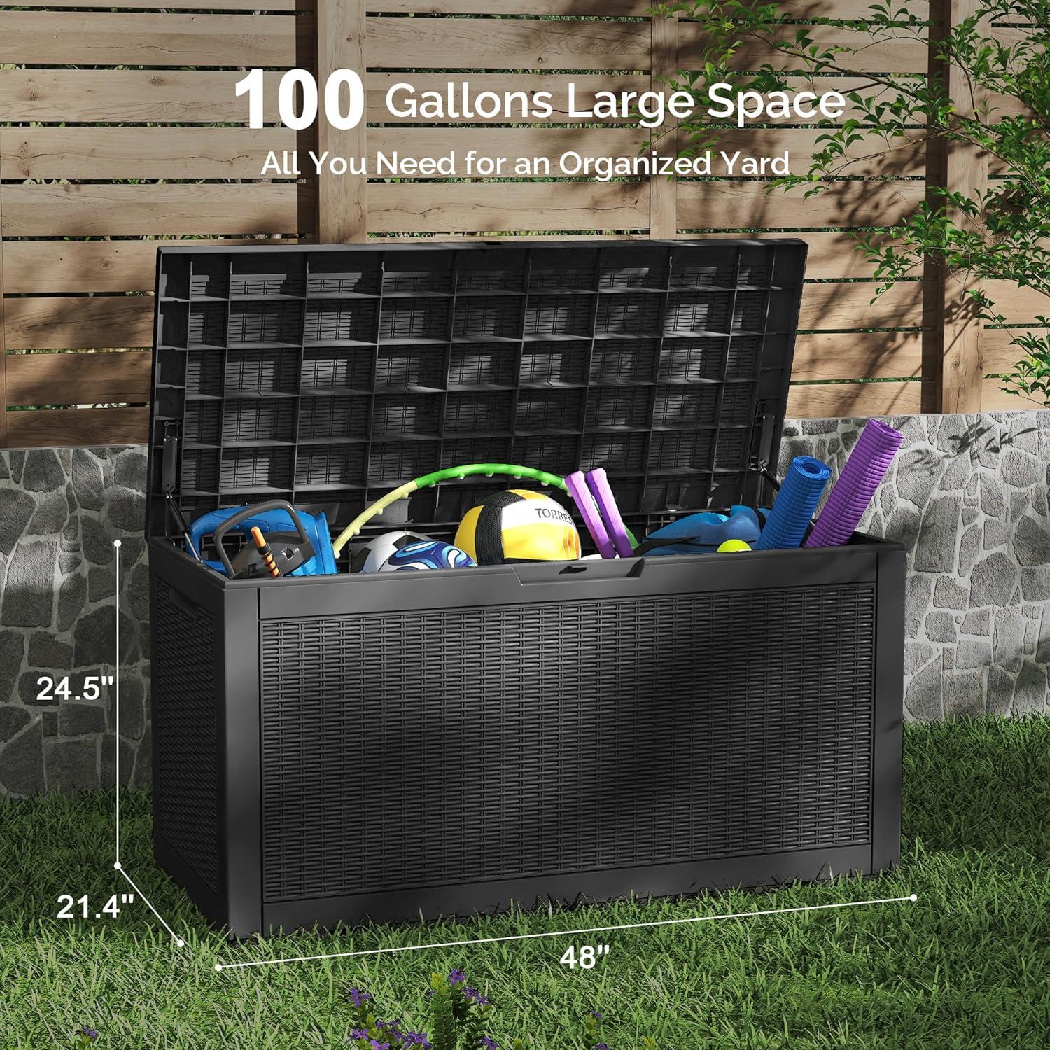Sersper Deck Box 100 Gallon Black, Waterproof Lockable Steel Outdoor Storage Box for for Patio Furniture, Pool Toys, Garden Tools and Outdoor Cushions