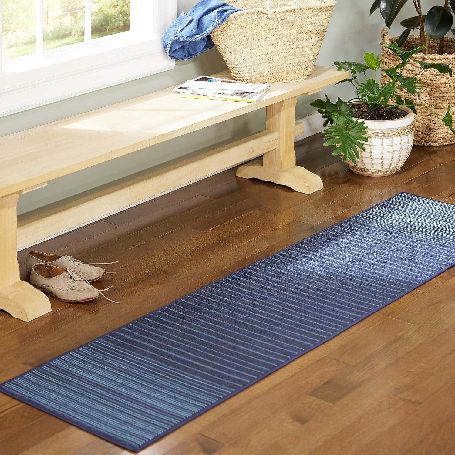 Layne Navy Blue Stripe Washable Runner Rug with Non-Slip Backing