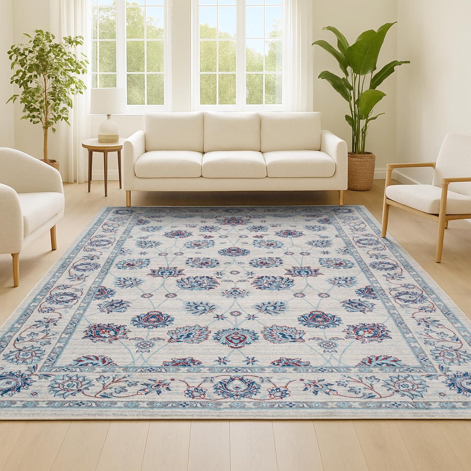 4' X 6' Modern Persian Vintage Moroccan Traditional Area Rug, Ivory/Blue/Red - JONATHAN Y
