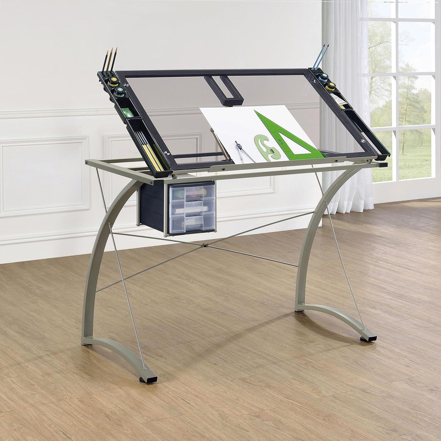 Melo 3 Drawer Glass Top Drafting Desk with Supply Storage Silver - Coaster
