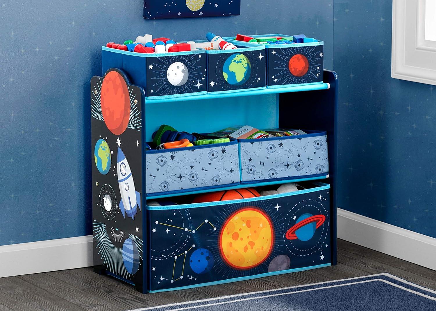 Space Adventures Blue Wooden Toy Organizer with 6 Bins