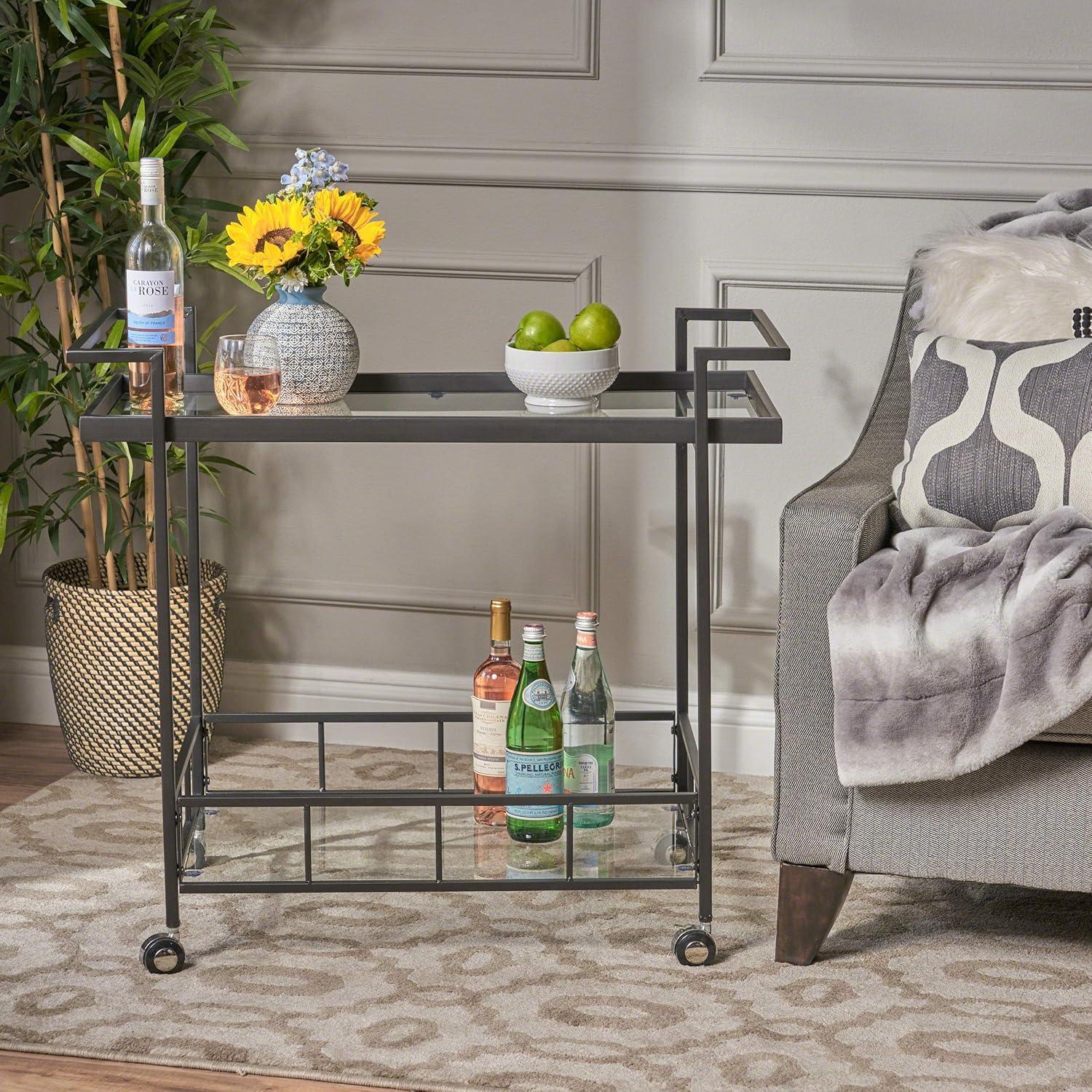 Black Iron Bar Cart with Tempered Glass Shelves