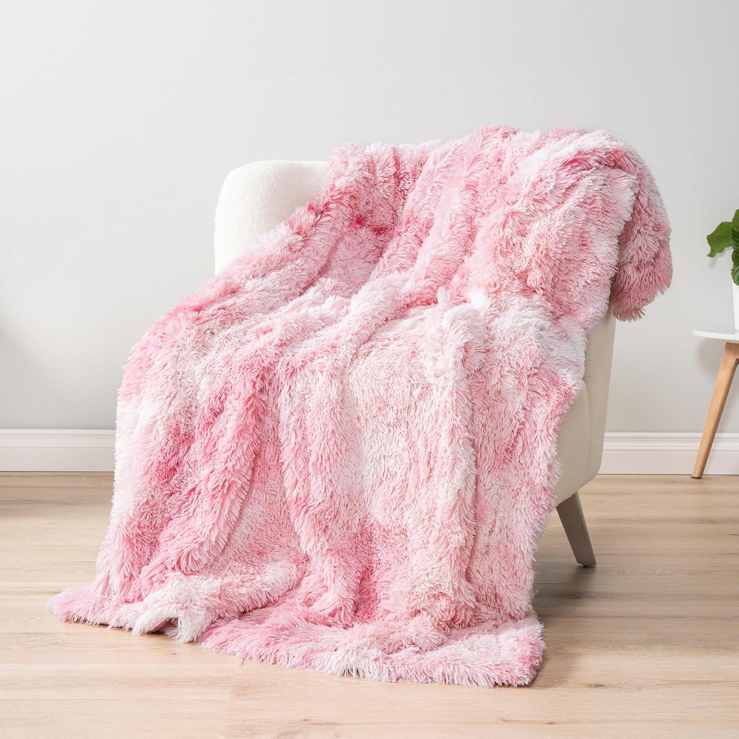 PAVILIA Fluffy Faux Fur Reversible Throw Blanket for Bed, Sofa, and Couch