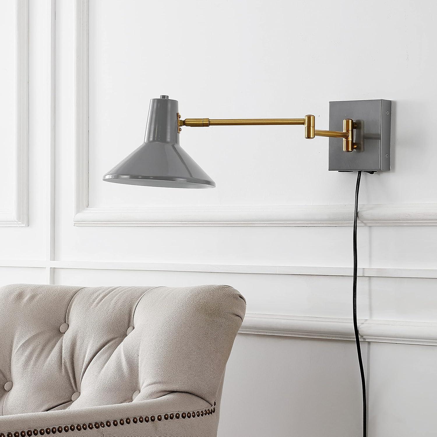 Hygge 16" Swing Arm 1-Light Modern Midcentury Iron USB Charging Port LED Sconce, Grey/Brass Gold